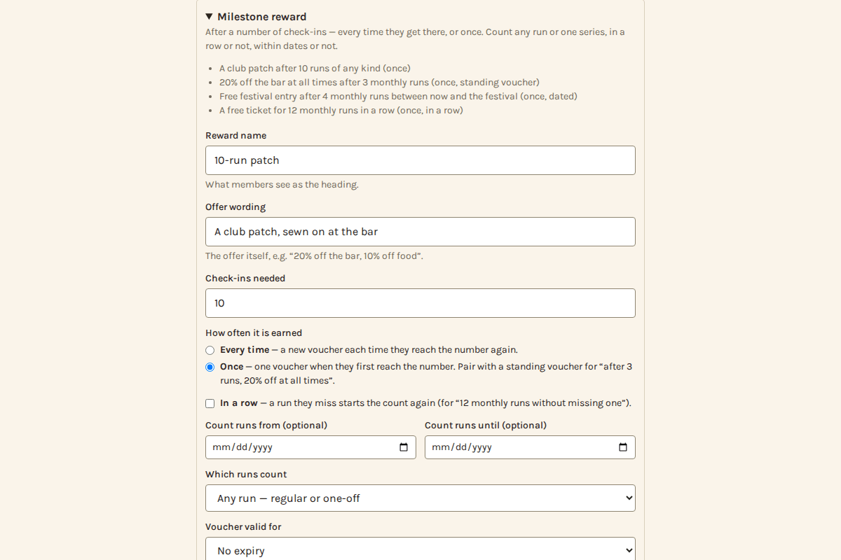 The Add a reward section of Manage rewards with the Milestone reward template open: its rule line about reaching a number of check-ins, four worked examples including a club patch after 10 runs and 20% off the bar after 3 monthly runs, and the settings below filled in for a once-only 10-run patch.