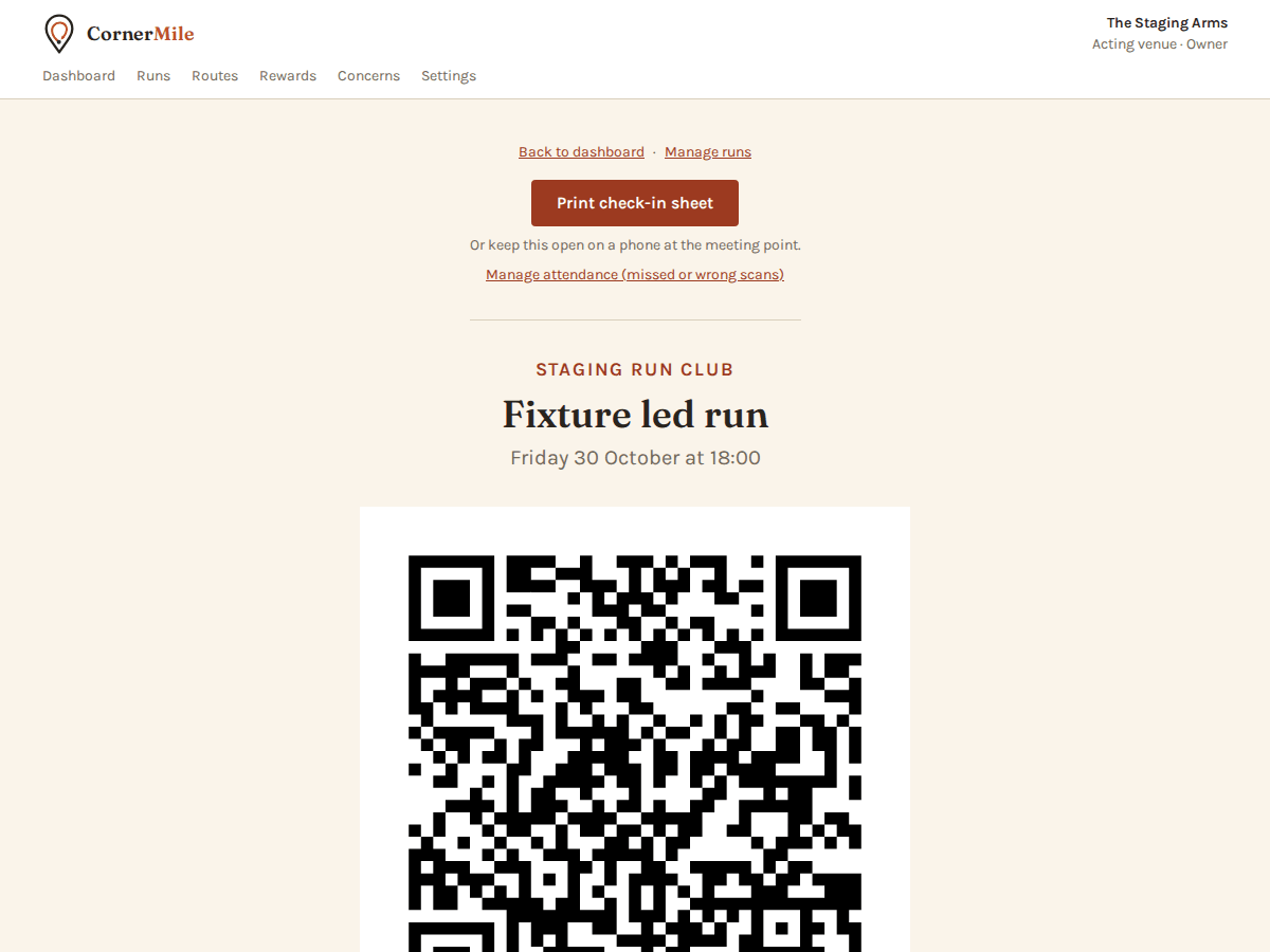 The check-in QR page for one run: a large QR code for runners to scan at the meeting point, with the run's title, day and time above it and a print button at the top.