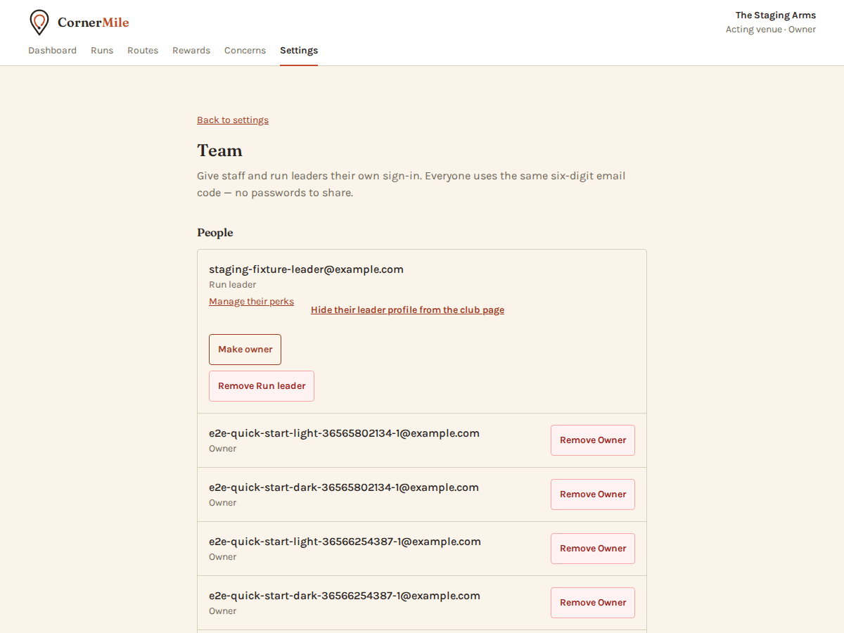 The Manage team page: the People list showing a run leader with links to manage their perks, make them owner or remove the role, and the venue's owners below, each with a remove button.
